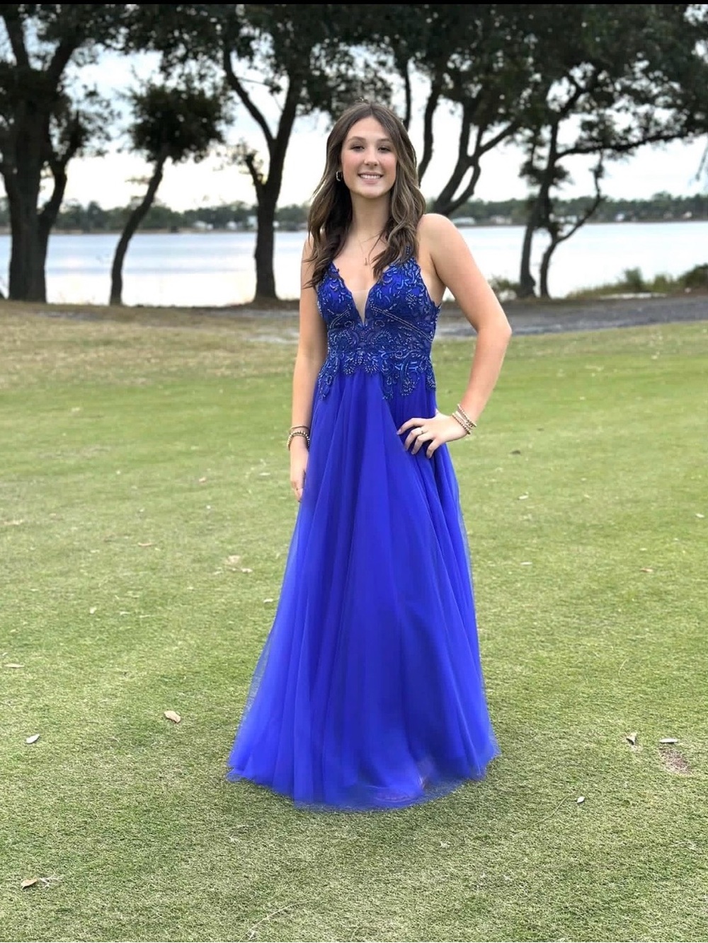 Jovani Cobalt Blue Beaded Tulle Prom Gown